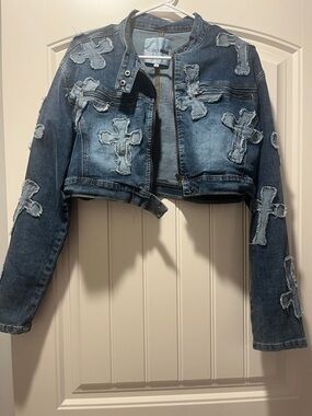 Fashion Nova Dark Blue Cropped Denim Jacket with Cross Patches